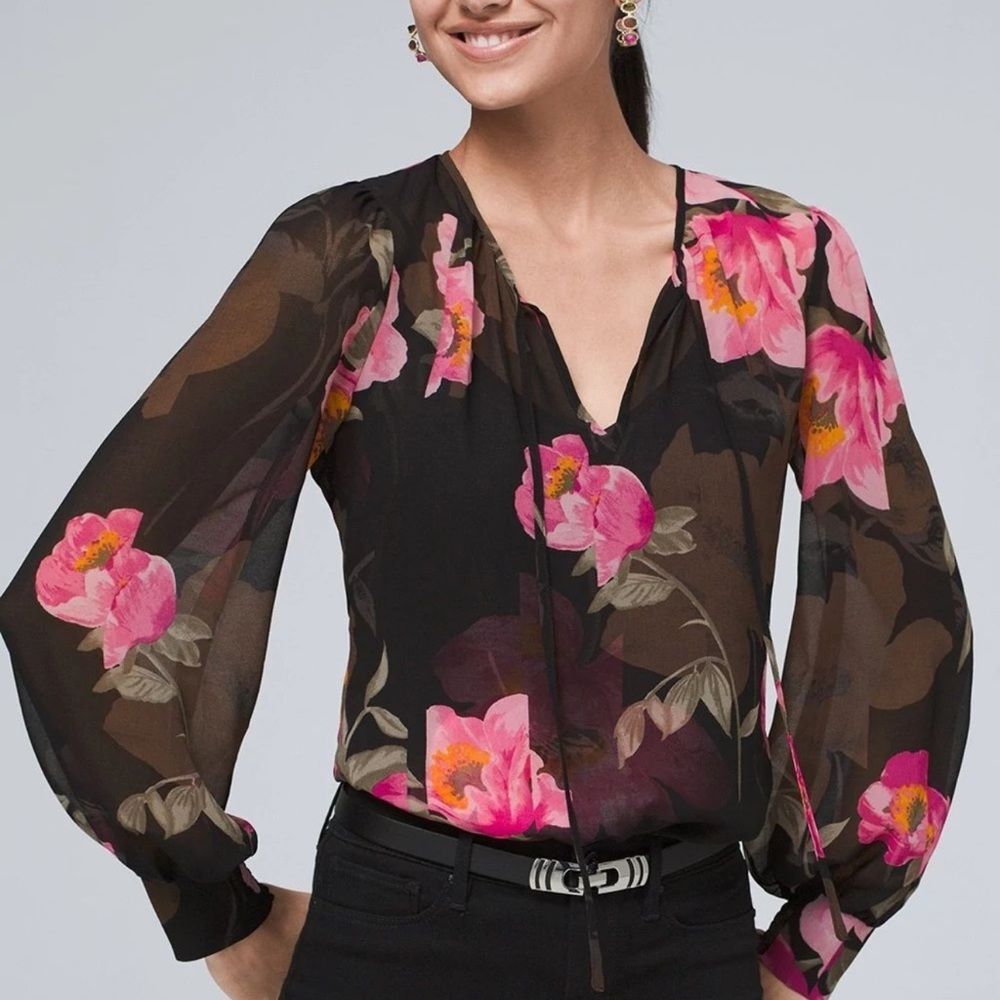 White House Black Market Chiffon Tie-Neck Blouse S